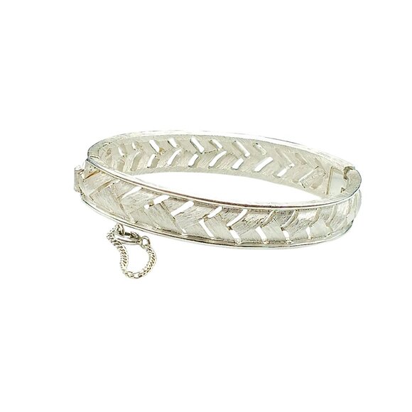Vintage Crown Trifari Hinged Bangle Bracelet in Silver Tone with Safety Chain - Picture 2 of 5